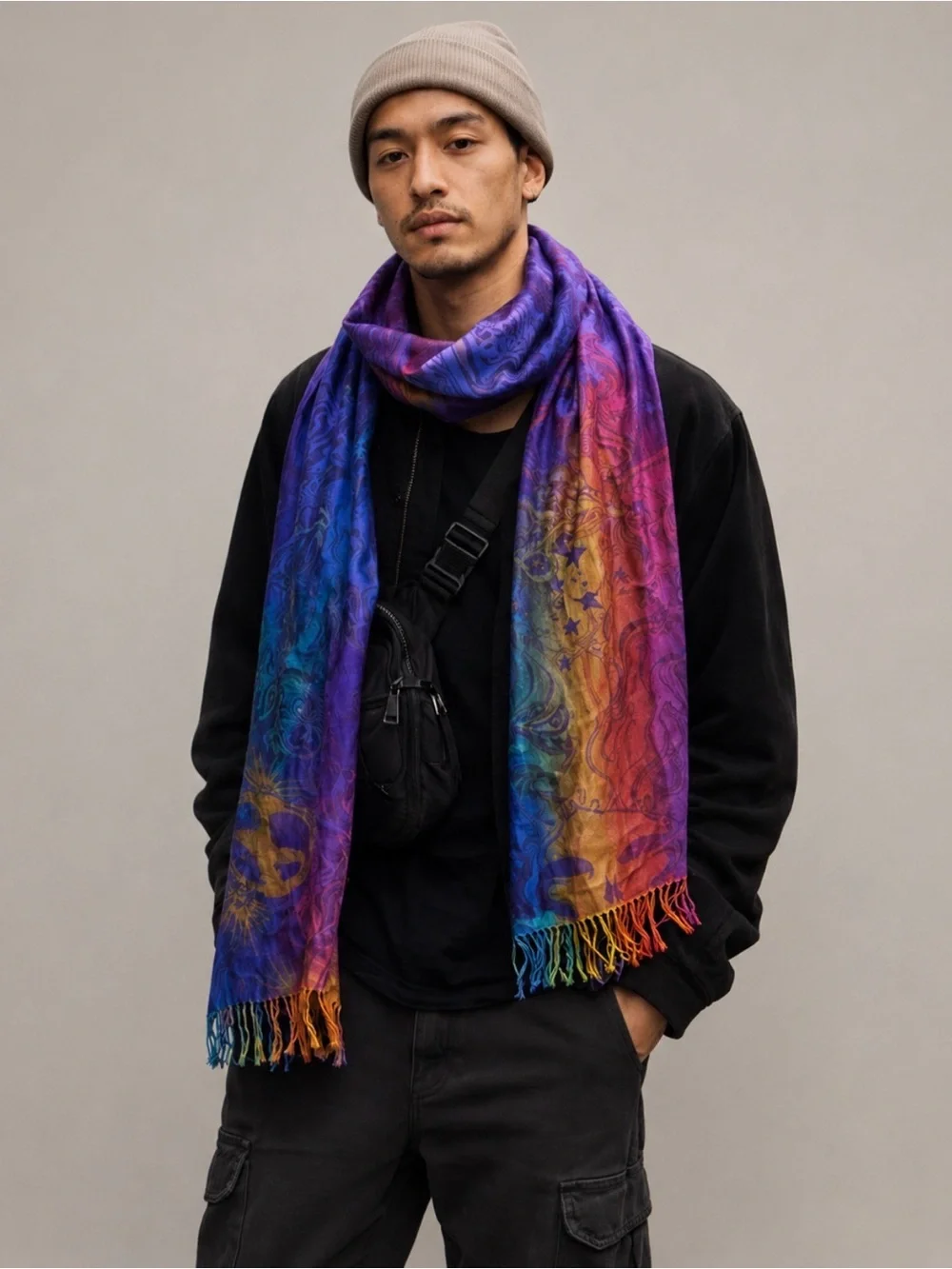 Rainbow Celestial Fringe Scarf Boho Festival Wrap Shawl 70x28 Cosmic Star Moon